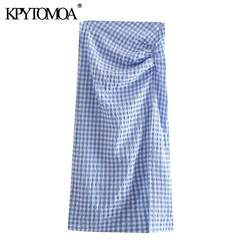 

KPYTOMOA Women Chic Fashion Pleated Check Midi Skirt Vintage High Waist Back Zipper Vents Hem Female Skirts Mujer 210629, As picture