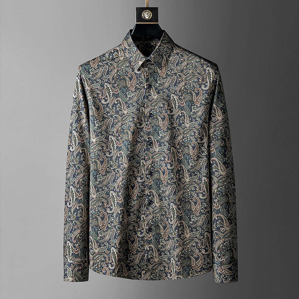 

Spring new long sleeve slim fashion cashew flower trend men's shirt, Tan;black