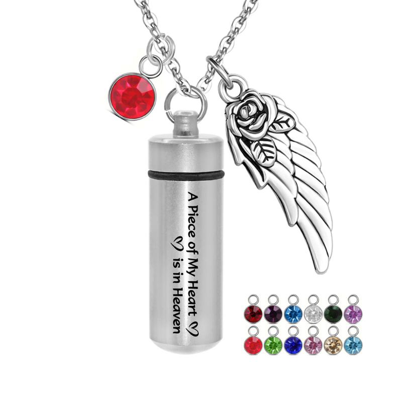 

Pendant Necklaces Cylinder Cremation Urn Necklace For Ashes Angel Wing Stainless Steel Remembrance Jewelry-A Piece Of My Heart Is In Heaven, Silver