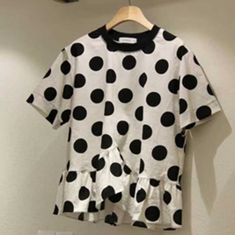 

Summer Fashion Casual Loose Cotton Comfortable T-shirt Simple Round Neck Short Sleeve Ruffled Polka-dot Women' 210615, Lattice