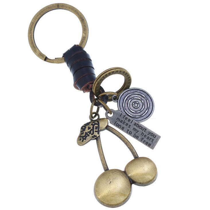 

Keychains Fashion Vintage Metal Keychain Retro Cherry Holder Keyring Genuine Leather Key Chain Car Bag Accessories Gift For Women Men Kids