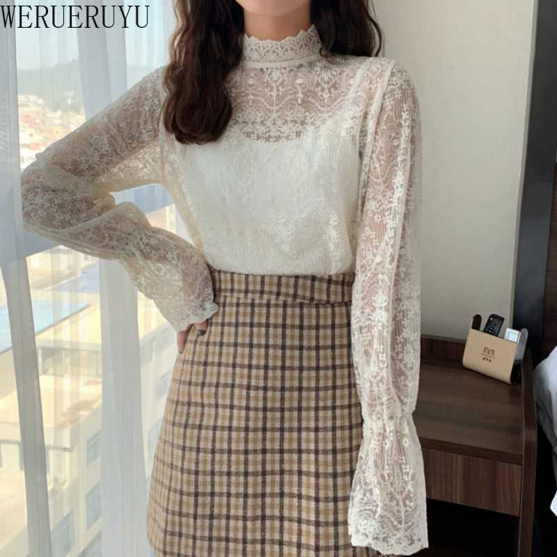 

WERUERUYU Women's Lace Bottomed Shirt Autumn Winter Style Mesh Sexy Temperament With High Collar And Long Sleeve Top 210608, Photo color