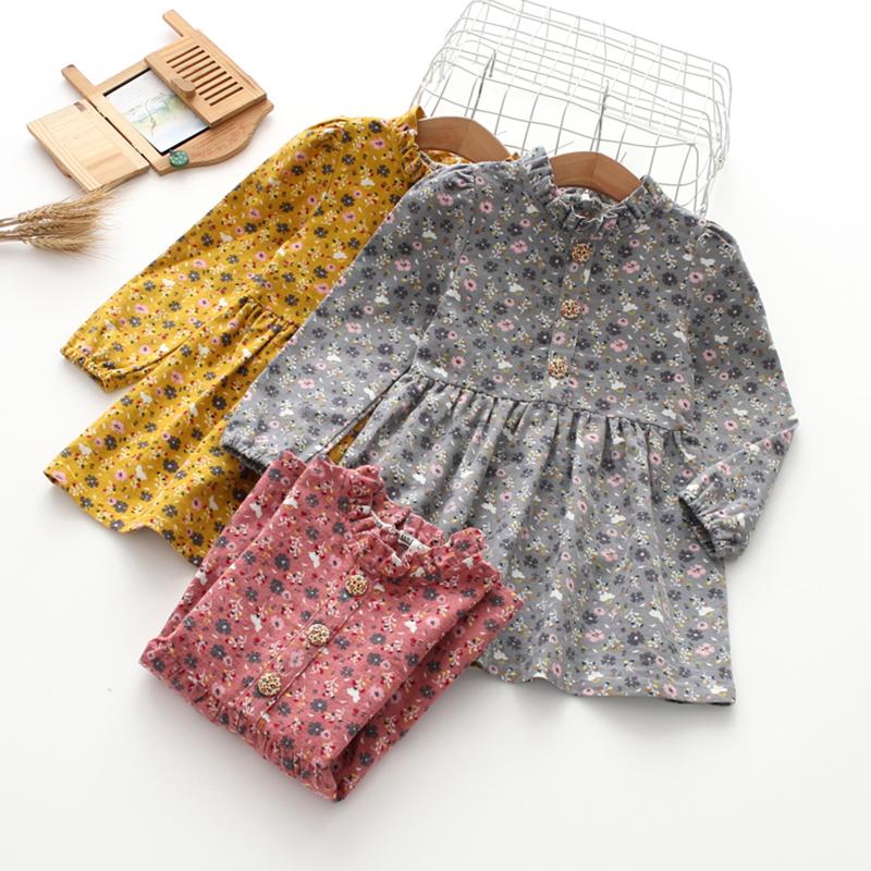 

Baby Girl's Dress, Flower Print Lace Half High Collar Long Sleeve Button Ruffle Dress Spring Autumn Floral Vestidos 2021 New, Beige
