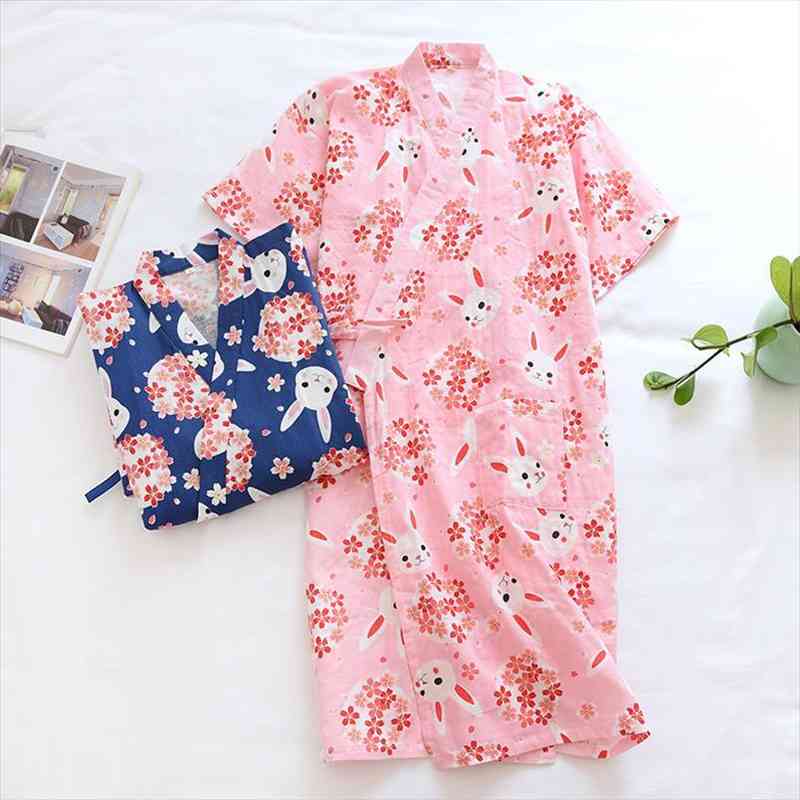 

Fresh Floral 100% Cotton Kimono Robes Women Summer Japanese Sweet Rabbit Long Sleeve Women Robes Cute Cartoon Bathrobes, Black;red