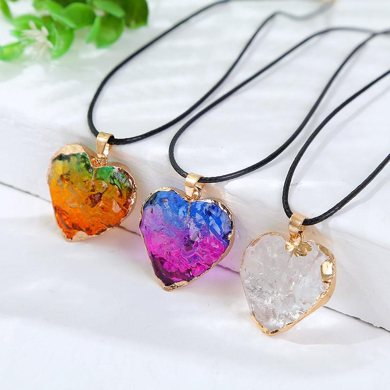 

Pendant Necklaces Bohemian Female Trendy Multicolor Transparent Crystal Big Heart Pendants For Women Black Leather Rope Chain Necklace