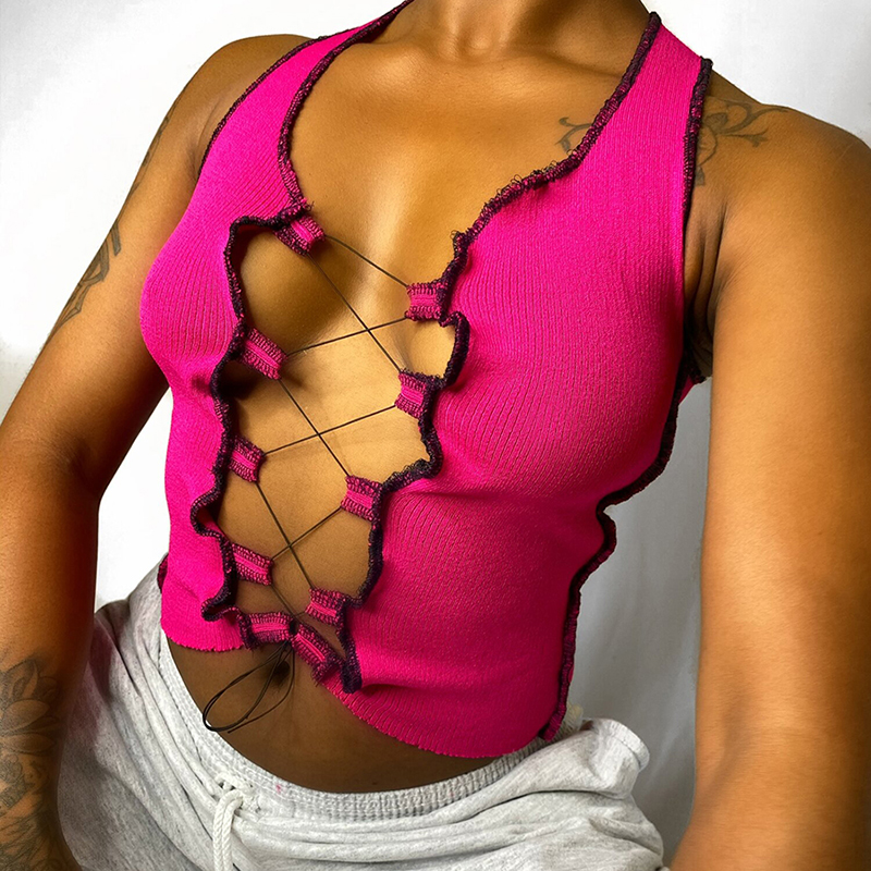 

hollow out sexy tank tops for women summer sleeveless patchwork bandage clubwear casual high street tops 2021 vests, White