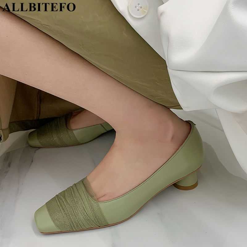 

ALLBITEFO Lace design sexy soft genuine leather high heels square toe women pumps fashion women heels club party wedding shoes 210611, As picture