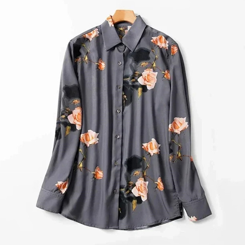 

2021 New Blusa Feminina De Impresso Floral Elegante Cinza Casual Manga Comprida Camisetas Z2h7, Black