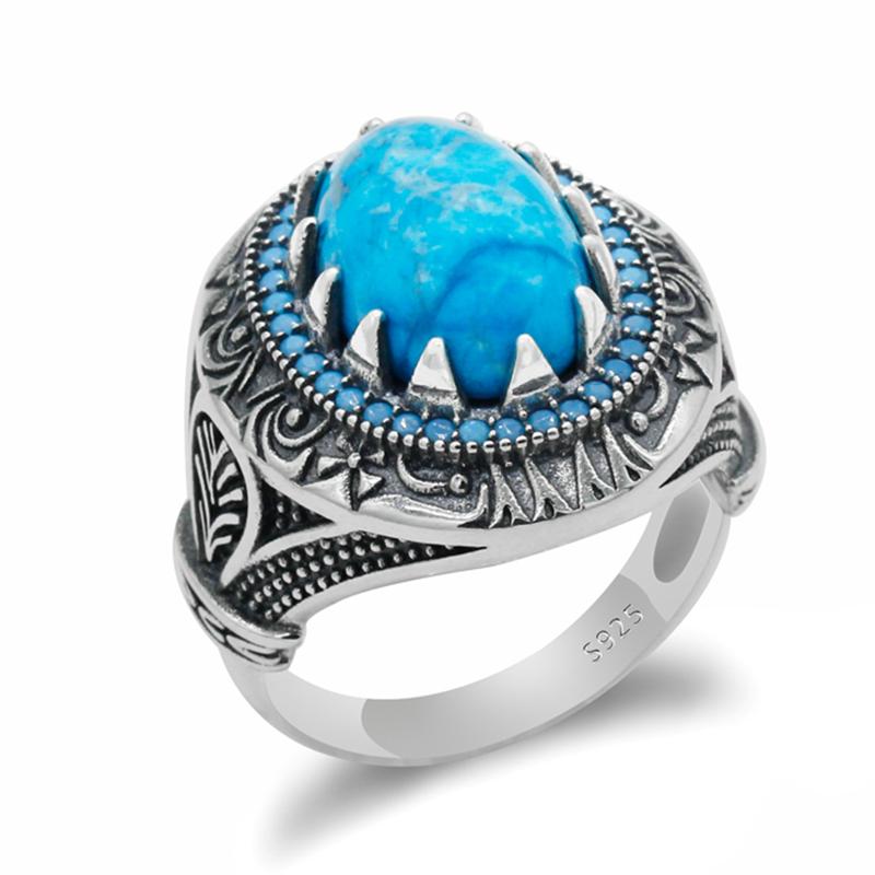 

Cluster Rings S925 Sterling Silver Real Blue Turquoise Stone Men Ring Turkish For Man Women Fine Making Handmade Jewelry