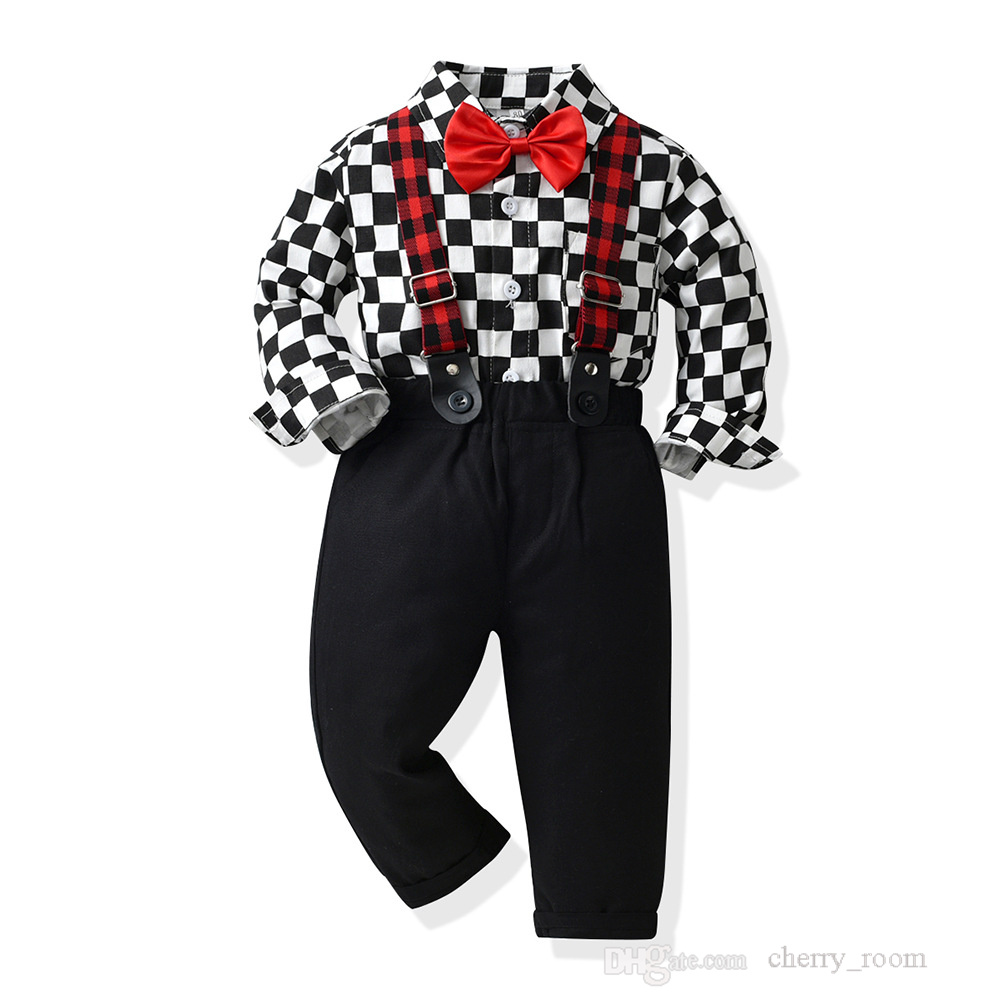 

Children's Clothing sets autumn spring kids Long sleeve Plaid Shirt Suspenders Trousers boys 2pcs set baby first Birthday outfits S1812, Black