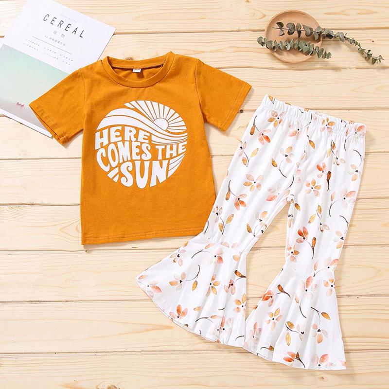 

Clothing Sets Toddler Kids Girls Set Cartoon Flower Print Short-sleeved Suit Bell-bottomed Pants 2Pcs Clothes Baby Outfits, Yellow