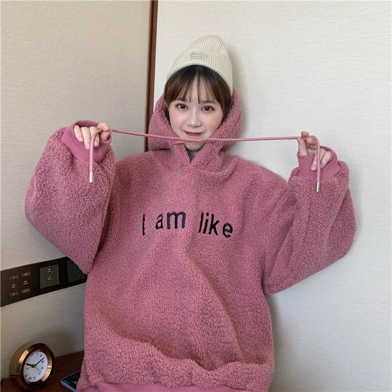 

Korea ins Harajuku vintage BF Lamb fur hooded sweatshirt women winter loose fashion chic funny letters ulzzang 210608, Beige