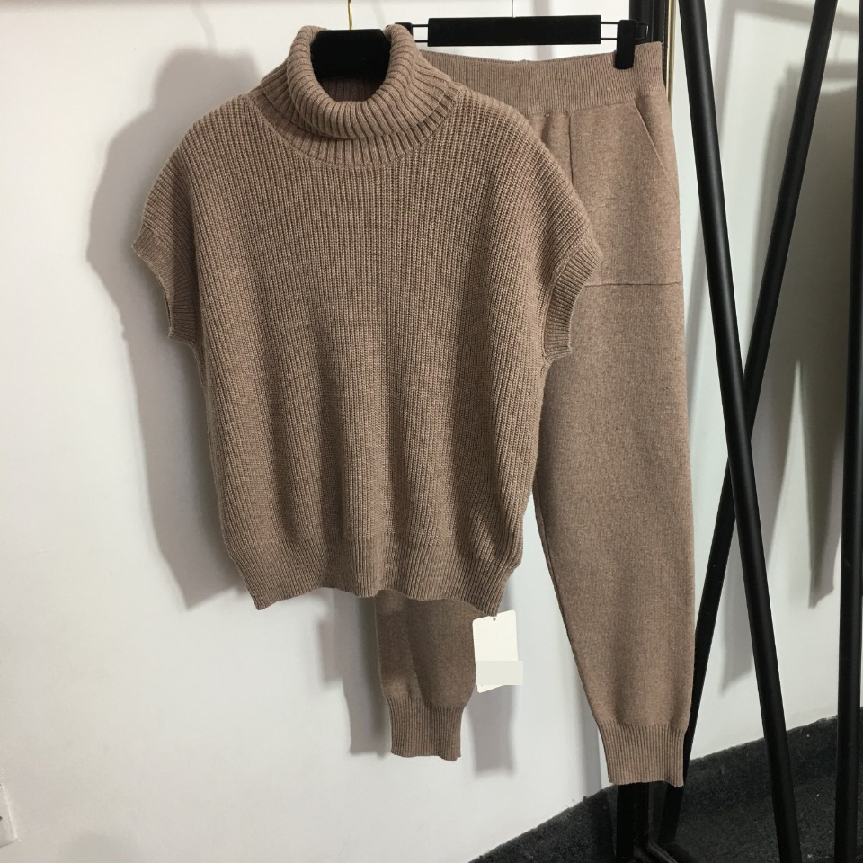 

Women's knitted suit new high neck short-sleeved pullover sweater vest + elastic high waist corset casual pants# two-piece suit, Black