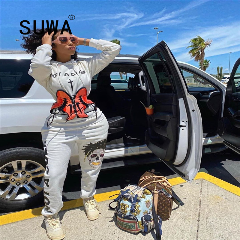

Trendy Chic BF Style Vintage Print Casual 2 Piece Outfits For Women Hoodies Sweatshirt Jogger Legging Pants Track Suit Cool Girl 210525, Multi