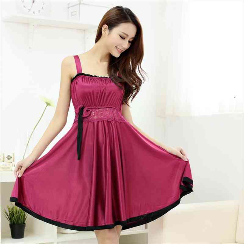 

Solid Chiffon Nightgown Temperament Sexy Silk Nightdress Women Pijama Summer Lace Temptation Princess Sleepwear, Black;red