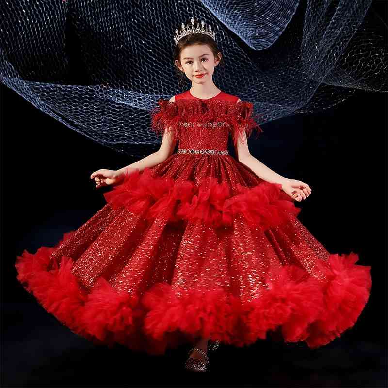 

Children's Princess Dress fluffy yarn girl's high-end red host domineering foreign style catwalk piano performance dress, White;black