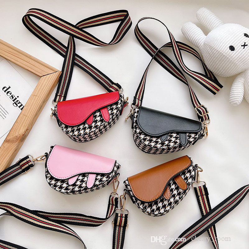 

Children designer handbag autumn winter retro houndstooth case saddle bag lovely girl crossbody bags baby zero wallet F876, Mix colors random