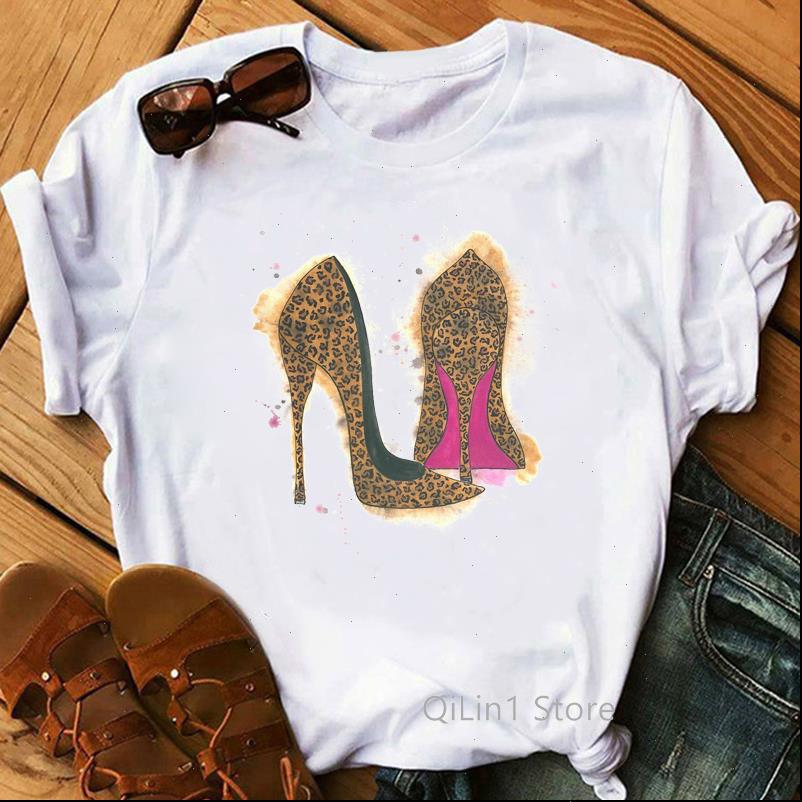 

Newest Leopard High Heels Shoes Print Vogue T shirt Femme Funny T shirt Women 90s Punk Shirt Hip Hop Hipster Streetwear, White
