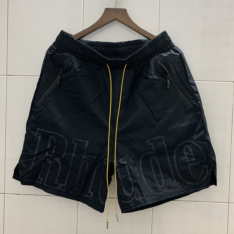 

2021 New Rhude Shorts Men Women 1:1 Best Quality Big Letter Oversize Breechcloth Yellow Drawstring Pill Head 0fub