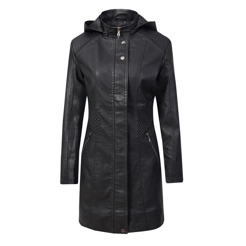

Women's Leather & Faux Women Coat Autumn Fashion Pu Hooded Motorcycle Jackets Mid-Long Style Concise Patchwork Solid Outfits, Black