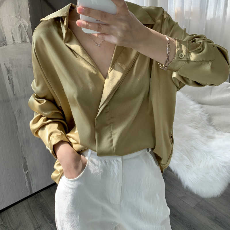 

Spring Women' Satin Shirt Solid Color Female Casual Turn-down Collar Blouse and Top Women 210607, Champagne