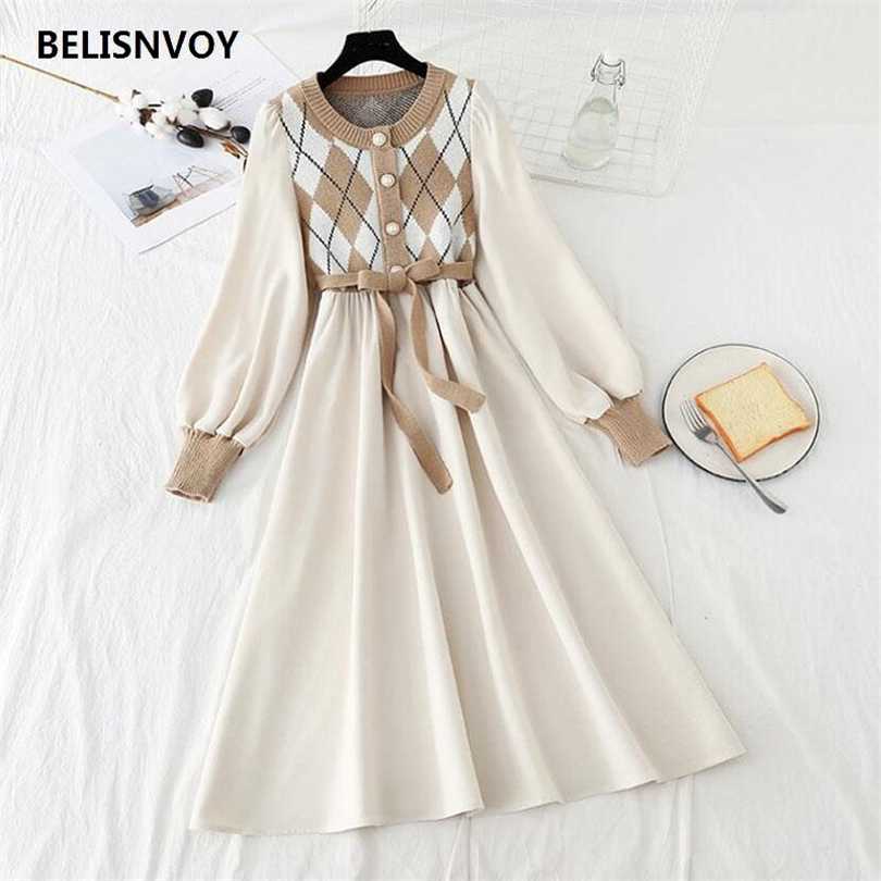 

Women Patchwork Knitted Dress Spring Casual O Neck Long Sleeve A-line Single-breasted Sweater es Bandage Vestidos 211110