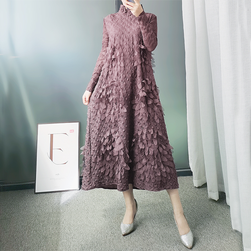 

2021 New Pleated 3d Appliques Sun Flower Embroidered Winter Women Long Turtleneck High Fashion Vintage Indie Clothes 7wmz, Gray