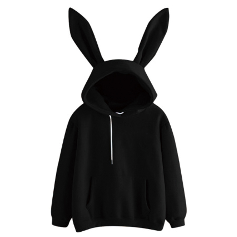 

Autumn Winter Women Hoodies Kawaii Rabbit Ears Fashion Hoody Casual colors Solid Color Warm Sweatshirt For, Black