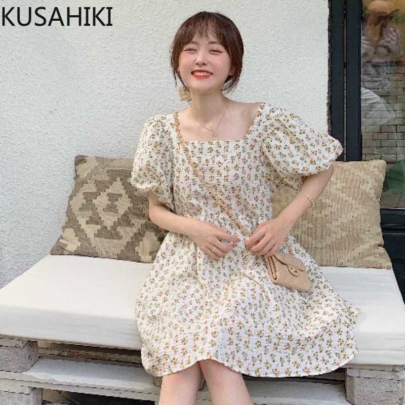 

KUSAHIKI Sweet Puff Sleeve Square Collar Woman Dress High Waist A-line Korean Printing Dresses Summer Vestidos Mujer 6H616 210602, Yellow