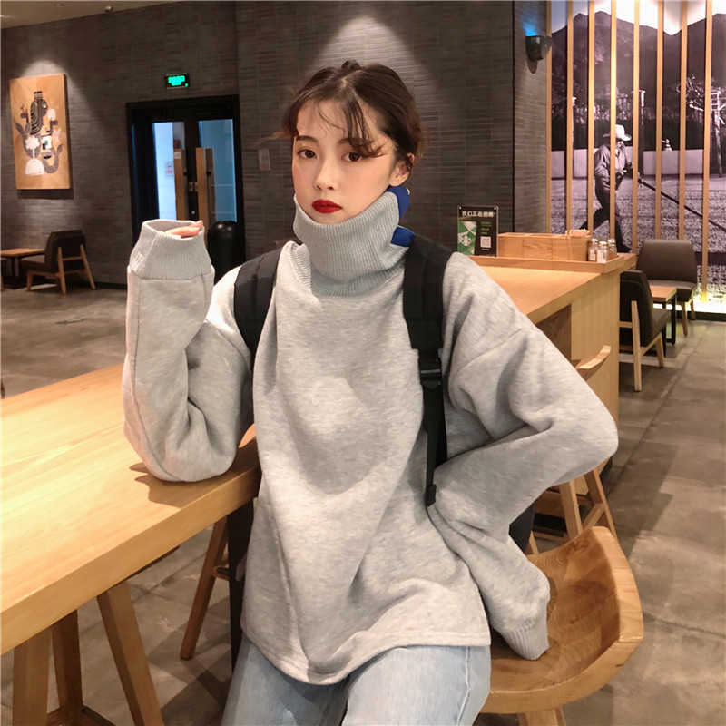 

Harajuku vintage chic high collar pullover ins winter plus velvet thick Solid color fashion oversize loose female sweatshirt 210608, Gray
