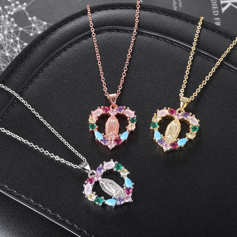 Pendant Necklaces Fashion Three Color Colored Crystal Heart Virgin Mary Necklace For Women Initial CZ Christian Faith Jewelry-image-708792540
