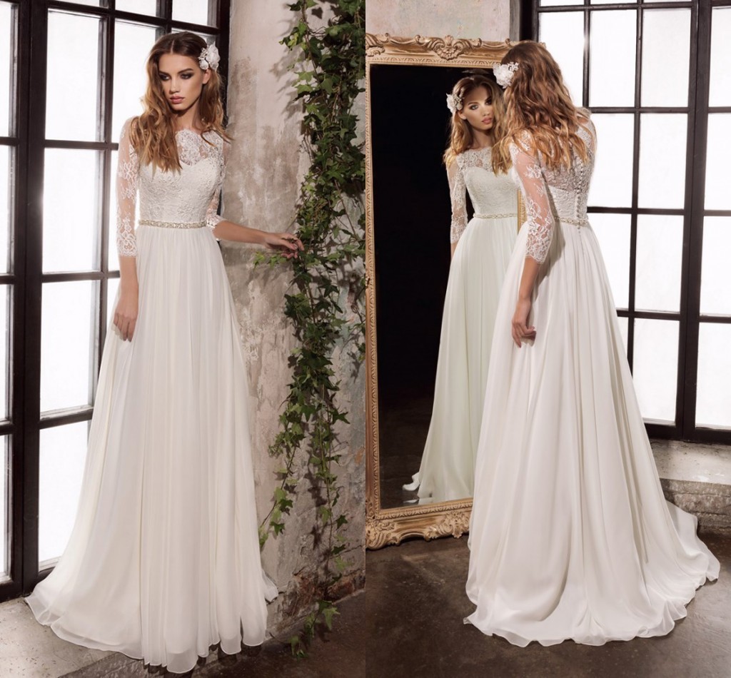 

New Robe Mairee 2021 Wedding Es Half Sleeves Top Lace Chiffon Bridal Gowns with Beading Sashes Vestido De Noiva 83kc, White