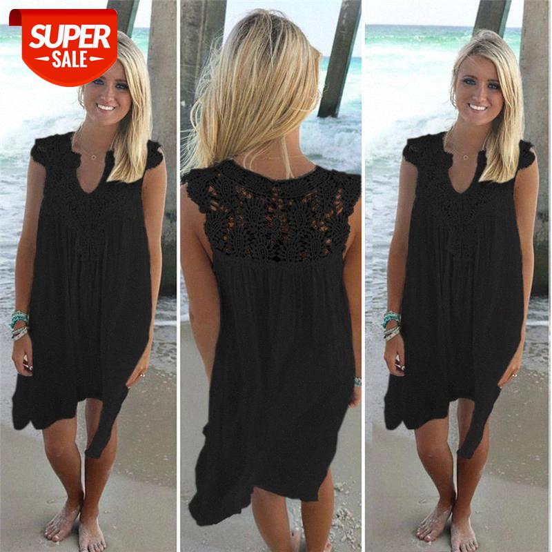 

2019 Summer Women Dress Sleeveless Womens Loose Beach Lace Dress High Quality Dresses 8 color plus size casual mini Vestidos #Qp9a, Black;gray
