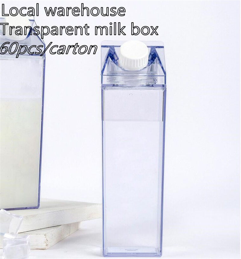 

Local warehouse 17oz Milk Carton Water Bottle Milk storage box Transparent Square High Capacity Cup Plastic Coffee Drink Mug Originality