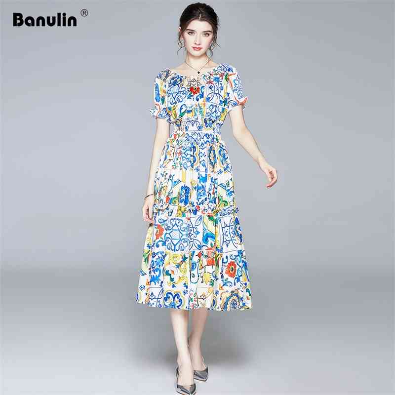 

Summer Dress Women Sexy Off the Shoulder Puff Sleeve Elastic Waist Blue and white porcelain printing Beach Midi Dresses 210603