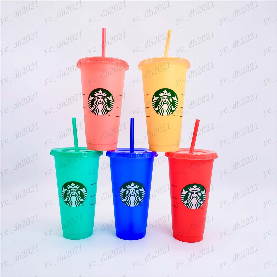 

5pcs/set Starbucks Cups 24OZ/700Ml Plastic Color Chaning Cup Coffee Mugs Bottles With Straws Lid Gift Product, Multi-color