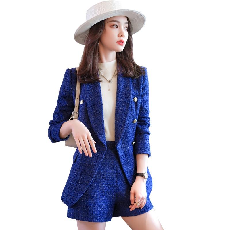 

Women's Tracksuits Spring And Autumn Two-piece Set Fashion Plaid Tweed Sequined Long-sleeved Double-breasted Suit Jacket + Shorts, Gray
