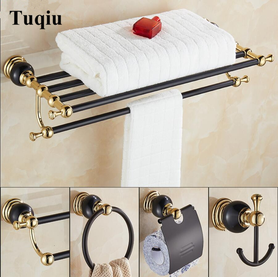 

2021 New Brass and Jade Gold Black Accessories Set,paper Holder,towel Bar,soap Basket,towel Rack,hook Bathroom Hardware Set W6t0
