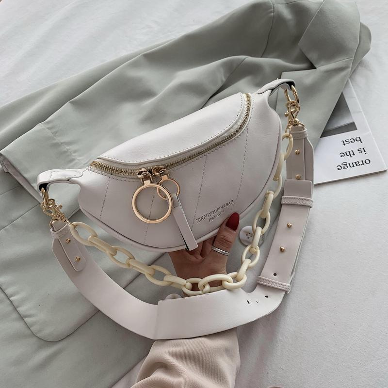 

In Messenger Bag Women Hobos Letter Chains Single Shoulder Chest PU Leather Handbag Wide Straps Day Clutches Bags, Beige