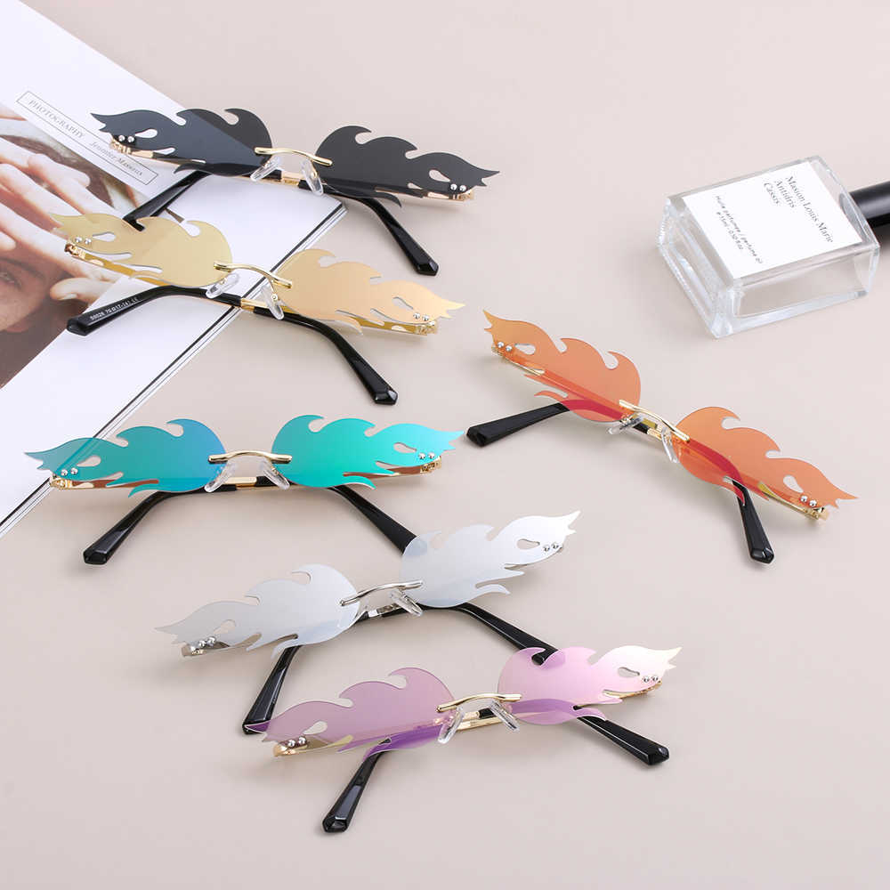 

Fashion Fire Flame Sunglasses Women Vintage Rimless Wave Sun Glasses Cycling Outdoor Mirror Lens Narrow Cat Eye Eyewear UV400
