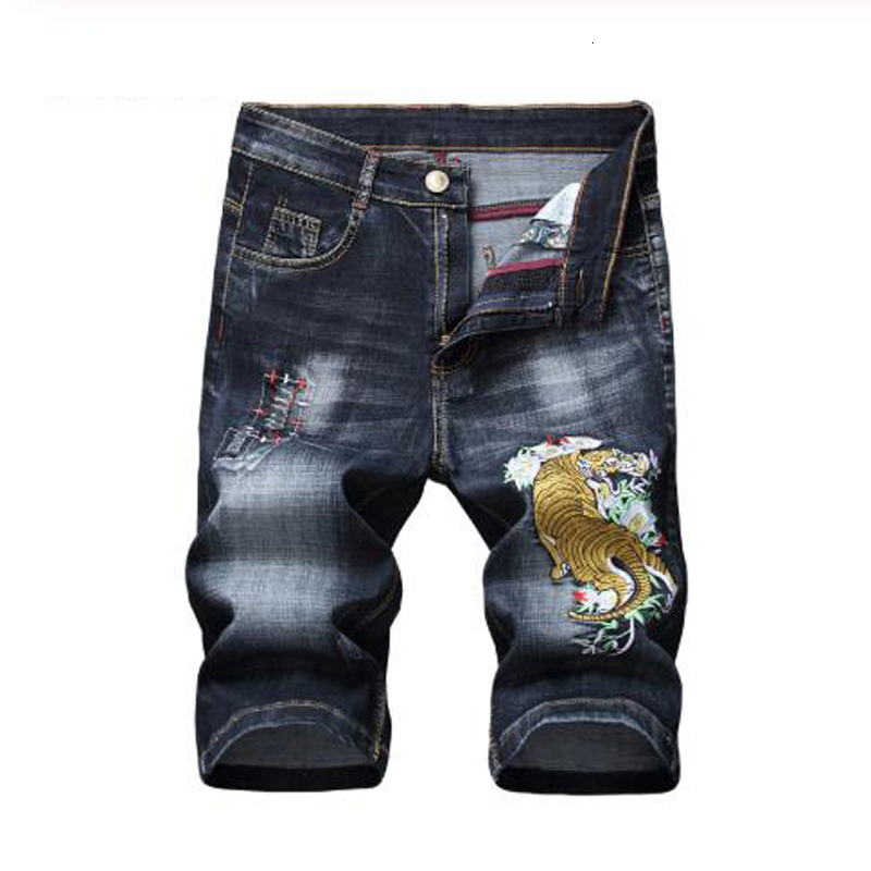 

2021 New Men's Male Fashion Casual Summer Tiger Embroidery Shorts Slim Fit Holes Blue Black Denim Ripped Jeans 2f34