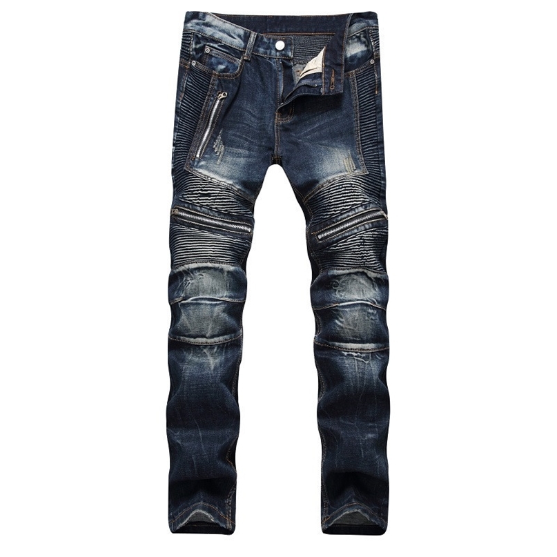 

AUTUMN Spring Men's Ripped Street HIP HOP Punk Stretch Bike Jeans Trendy Holes Straight Denim Trouers 211108, 001 2