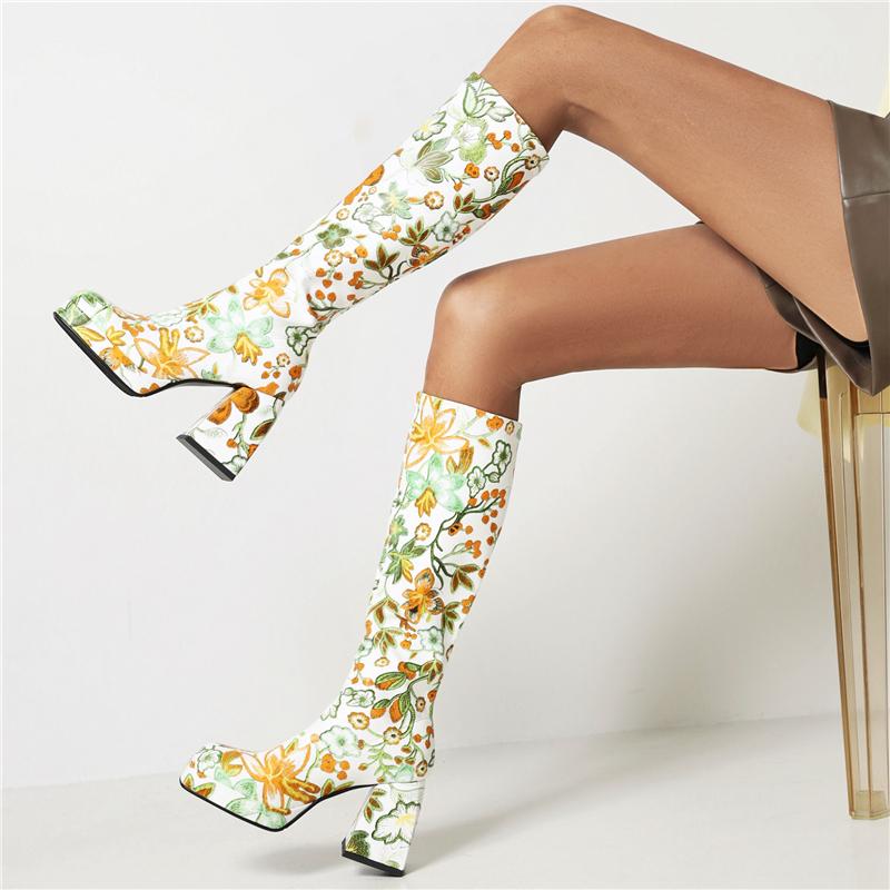 

Boots 2021 Women Fashion Autumn Luxury Block 9cm High Heels Thigh Knee Flower Print Long Boot Designer Shoes, Red