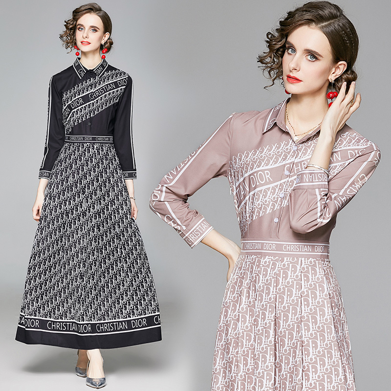 

Fashion Spring Designer Printed Dresses Autumn Long Sleeve Women's Runway Dress Elegant Party Prom Evening Dress Office Ladies Dress, Black;gray