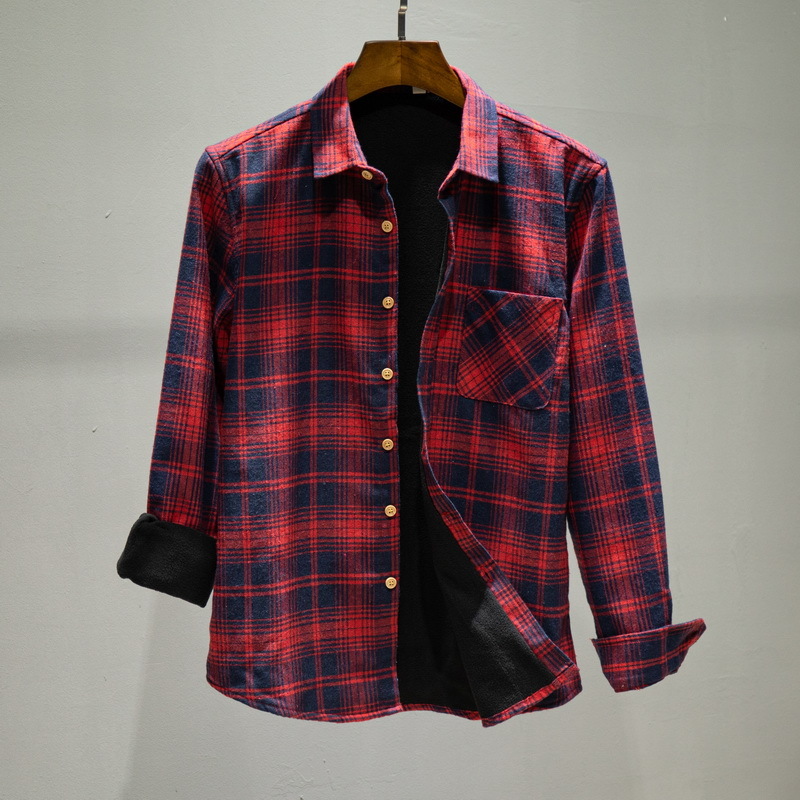 

2021 New 100% Cotton Long Sleeve Thick Veet Brand Plaid Casual Trendy Shirts for Men Fashion Comfortable Shirt Mens Camisa Ehlf, Red