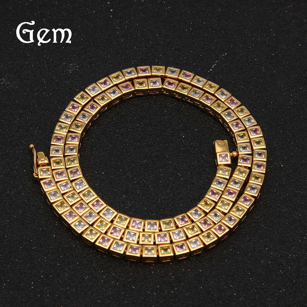 

Hip hop new square zircon tennis chain copper inlaid zircon row Necklace colorful zircon men's Necklace
