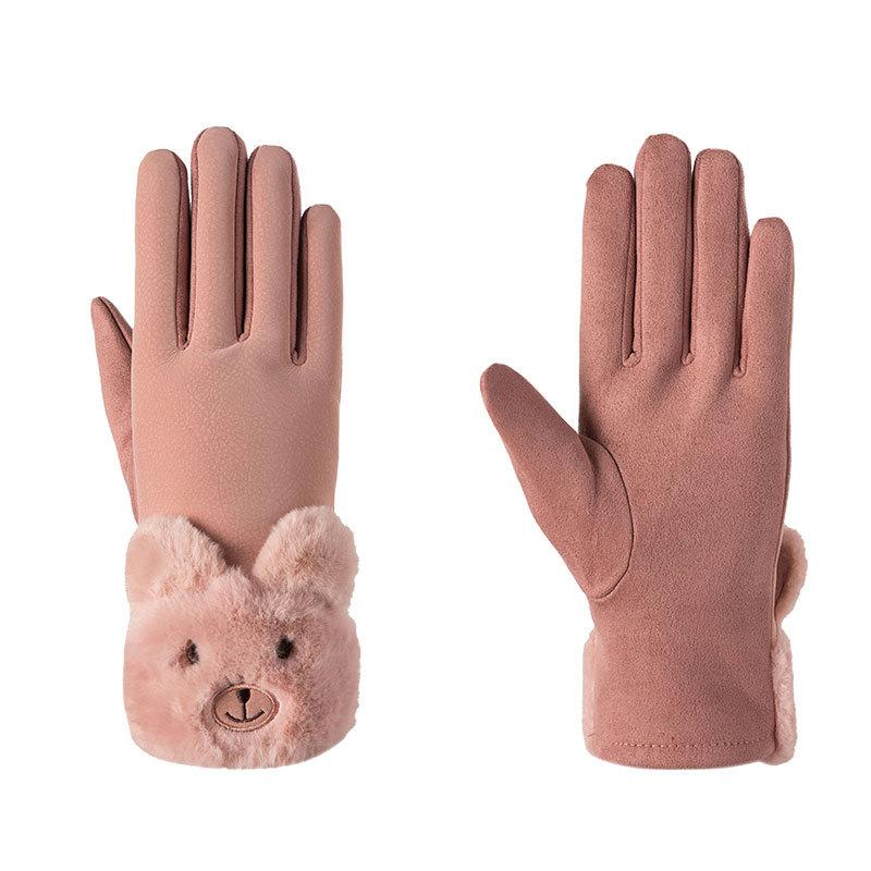 

Sports Gloves Suede Winter Ladies Korean Version Cute Thick Autumn And Warm Driving Riding Touch Screen, Bear bean pink