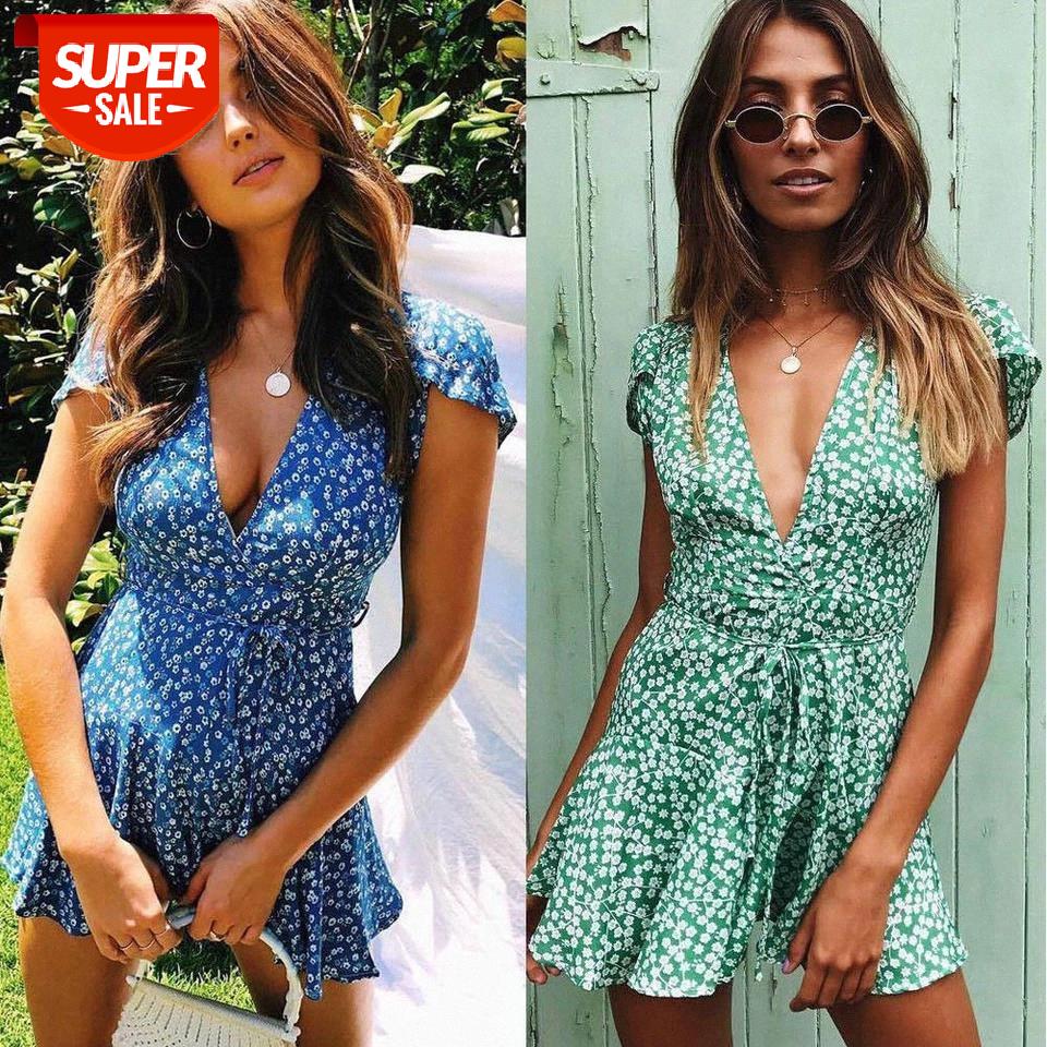 

2019 Fashion Women Dress Ladies Boho V-neck Floral Printing Summer Party Evening Beach Short Mini Dresses Ruffles Sundress #D37F, Black;gray