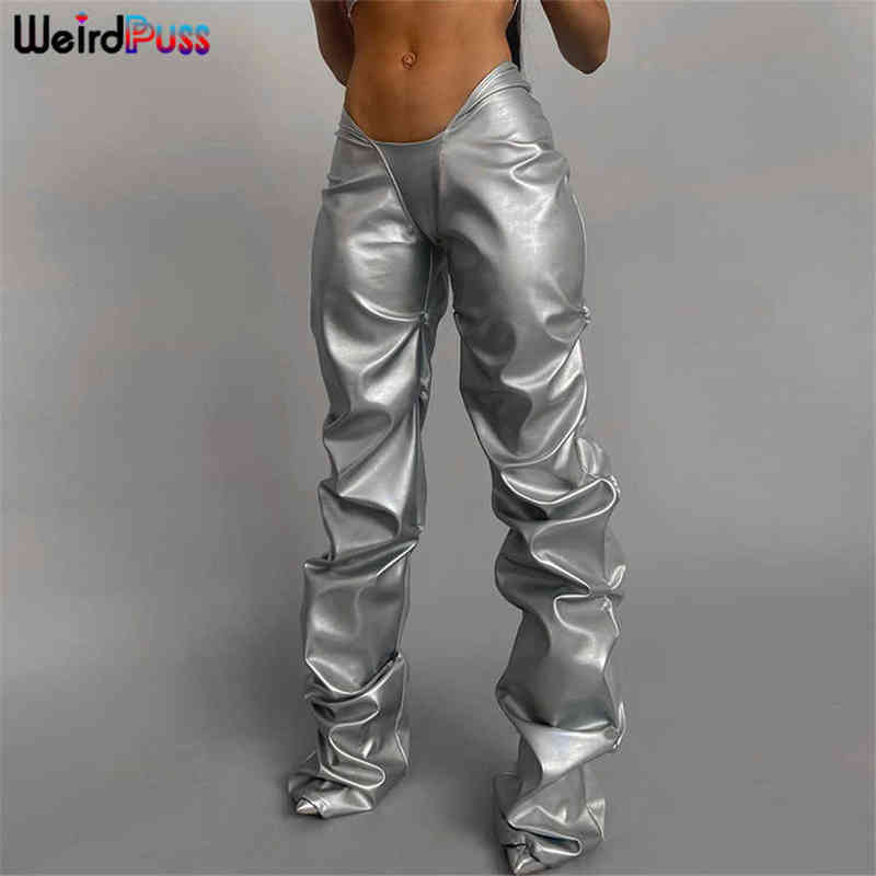 

Weird Puss V-Shaped Low Waist Y2K Pants Women 2021 Fashion Stacked Faux Leather Trousers Casual Wild Hot Street Skinny Bottoms AA220309, Silver