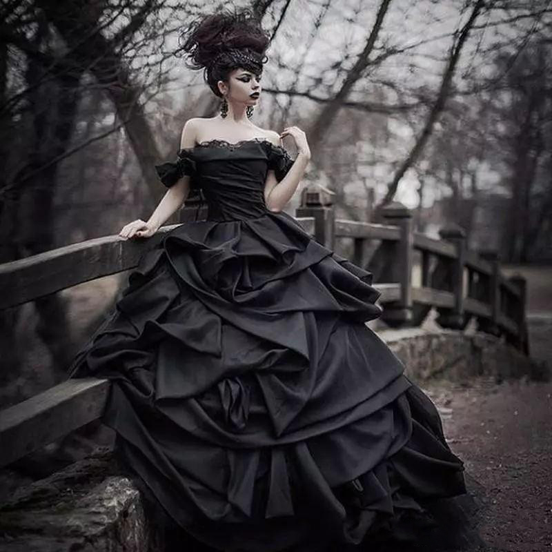 Off Shoulder Black Gothic Wedding Dresses Pick Up Satin Tiered Pleat Lace Victorian Bridal Gowns Plus Size Corset Back Custom Made